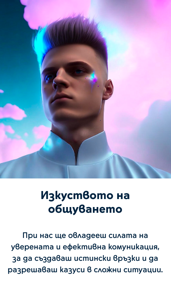 Изкуството на общуването - При нас ще овладееш силата на уверената и ефективна комуникация, за да създаваш истински връзки и да разрешаваш казуси в сложни ситуации.