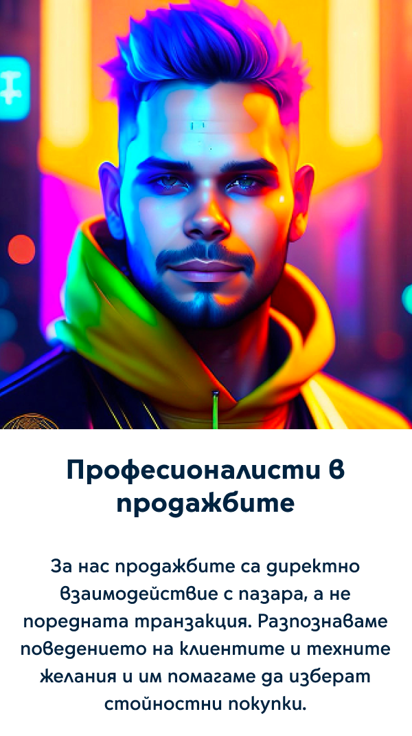 Професионалисти в продажбите - За нас продажбите са директно взаимодействие с пазара, а не поредната транзакция. Разпознаваме поведението на клиентите и техните желания и им помагаме да изберат стойностни покупки.